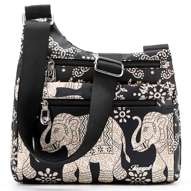 Nawoshow Nylon Floral Multi-Pocket Crossbody Purse Bags for Women Travel Shoulder Bag (Elephant) - Image 1